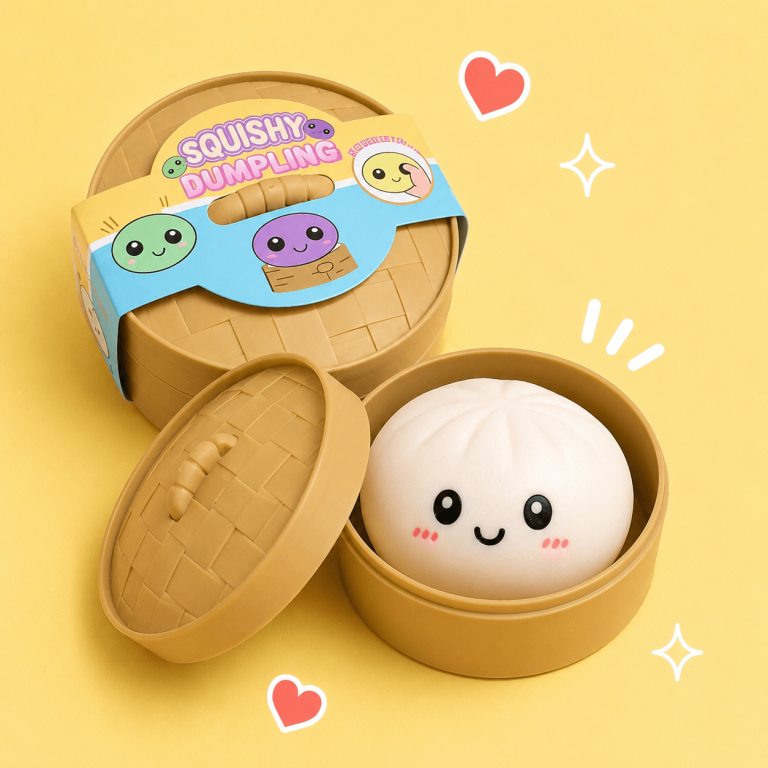 Squishy dumpling toy in bamboo steamer gift box